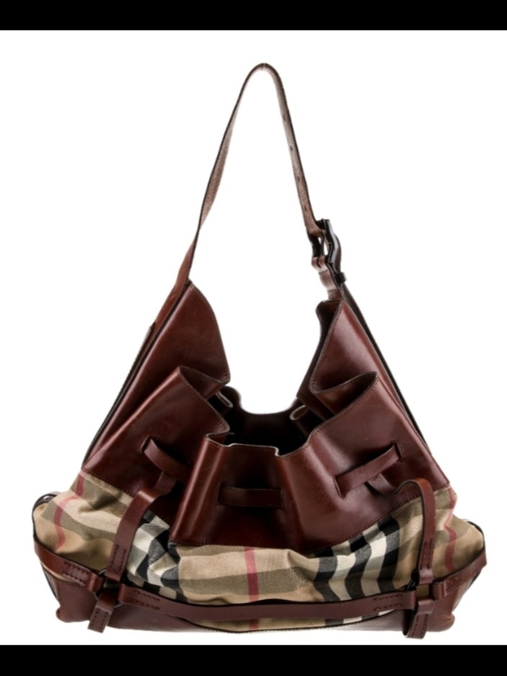 Authentic Burberry Housecheck  Kenton Plaid & Brown Leather Hobo Bag